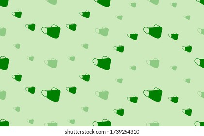 Seamless pattern of large and small green mask symbols. The elements are arranged in a wavy. Vector illustration on light green background