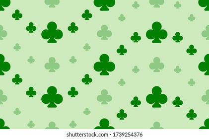 Seamless pattern of large and small green clubs. The elements are arranged in a wavy. Vector illustration on light green background