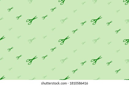 Seamless pattern of large and small green scissors symbols. The elements are arranged in a wavy. Vector illustration on light green background