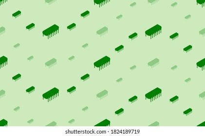 Seamless pattern of large and small green integrated circuit symbols. The elements are arranged in a wavy. Vector illustration on light green background
