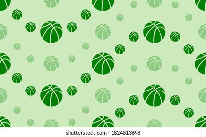 Seamless pattern of large and small green basketball symbols. The elements are arranged in a wavy. Vector illustration on light green background