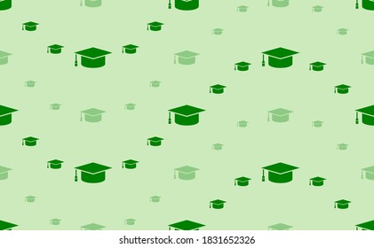 Seamless pattern of large and small green square academic cap symbols. The elements are arranged in a wavy. Vector illustration on light green background