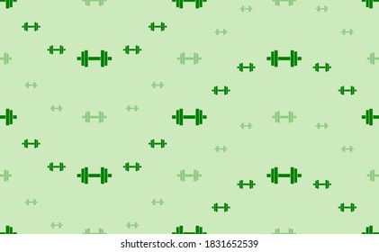 Seamless pattern of large and small green dumbbell symbols. The elements are arranged in a wavy. Vector illustration on light green background