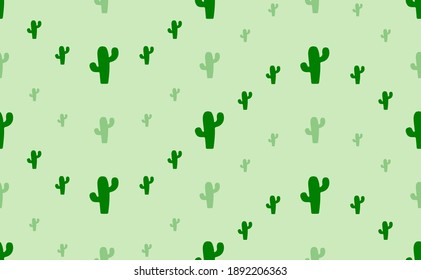 Seamless pattern of large and small green cactus symbols. The elements are arranged in a wavy. Vector illustration on light green background