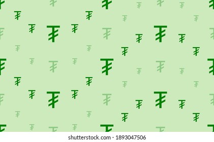 Seamless pattern of large and small green tugrik symbols. The elements are arranged in a wavy. Vector illustration on light green background
