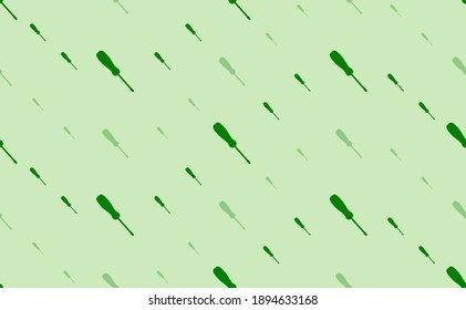 Seamless pattern of large and small green screwdriver symbols. The elements are arranged in a wavy. Vector illustration on light green background