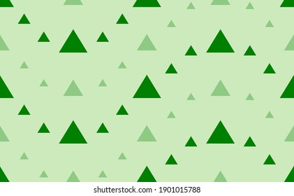 Seamless pattern of large and small green triangle symbols. The elements are arranged in a wavy. Vector illustration on light green background