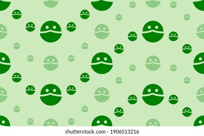 Seamless pattern of large and small green masked face symbols. The elements are arranged in a wavy. Vector illustration on light green background