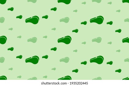 Seamless pattern of large and small green sports whistle symbols. The elements are arranged in a wavy. Vector illustration on light green background