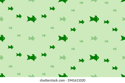 Seamless pattern of large and small green gold fish symbols. The elements are arranged in a wavy. Vector illustration on light green background
