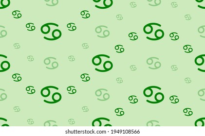 Seamless pattern of large and small green cancer zodiac symbols. The elements are arranged in a wavy. Vector illustration on light green background