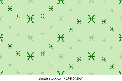 Seamless pattern of large and small green zodiac pisces symbols. The elements are arranged in a wavy. Vector illustration on light green background