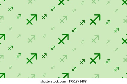 Seamless pattern of large and small green zodiac sagittarius symbols. The elements are arranged in a wavy. Vector illustration on light green background