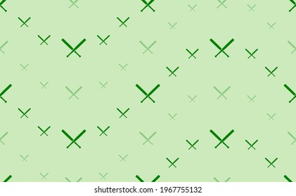 Seamless pattern of large and small green baseball bats symbols. The elements are arranged in a wavy. Vector illustration on light green background