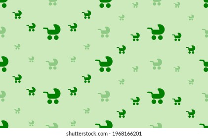 Seamless pattern of large and small green baby carriage symbols. The elements are arranged in a wavy. Vector illustration on light green background