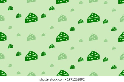 Seamless pattern of large and small green cheese symbols. The elements are arranged in a wavy. Vector illustration on light green background