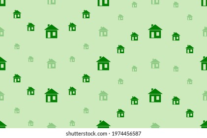 Seamless pattern of large and small green house symbols. The elements are arranged in a wavy. Vector illustration on light green background