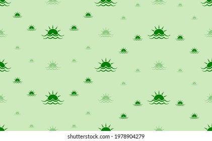 Seamless pattern of large and small green sunrise at sea symbols. The elements are arranged in a wavy. Vector illustration on light green background