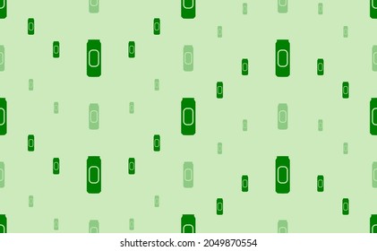 Seamless pattern of large and small green beer can symbols. The elements are arranged in a wavy. Vector illustration on light green background