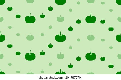 Seamless pattern of large and small green pumpkin symbols. The elements are arranged in a wavy. Vector illustration on light green background