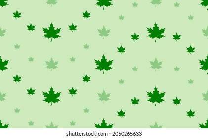 Seamless pattern of large and small green maple leafs. The elements are arranged in a wavy. Vector illustration on light green background
