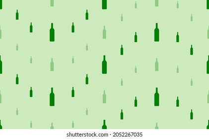 Seamless pattern of large and small green beer bottle symbols. The elements are arranged in a wavy. Vector illustration on light green background