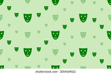 Seamless pattern of large and small green theatrical masks. The elements are arranged in a wavy. Vector illustration on light green background