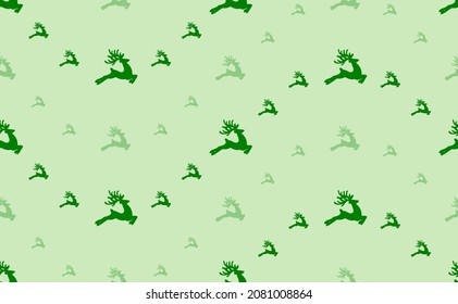 Seamless pattern of large and small green Christmas deers. The elements are arranged in a wavy. Vector illustration on light green background