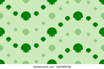 Seamless pattern of large and small green sea shell symbols. The elements are arranged in a wavy. Vector illustration on light green background