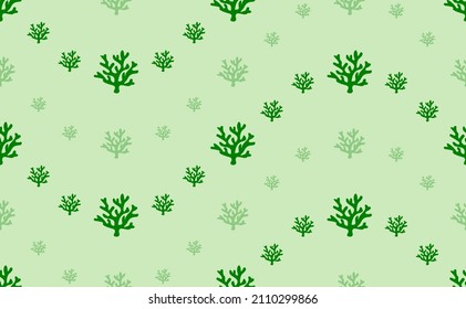 Seamless pattern of large and small green coral symbols. The elements are arranged in a wavy. Vector illustration on light green background
