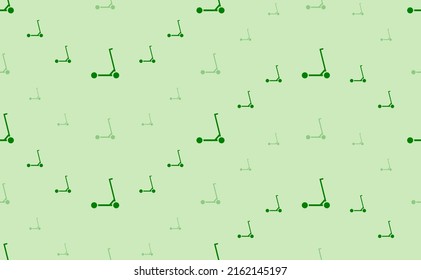 Seamless pattern of large and small green kick scooter symbols. The elements are arranged in a wavy. Vector illustration on light green background