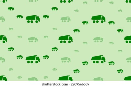 Seamless pattern of large and small green truck symbols. The elements are arranged in a wavy. Vector illustration on light green background