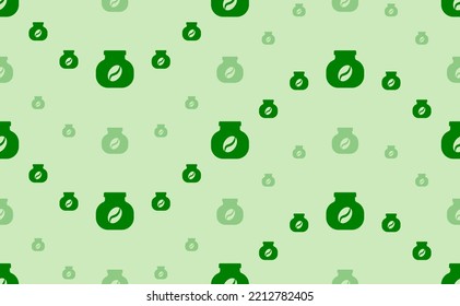 Seamless pattern of large and small green instant coffee symbols. The elements are arranged in a wavy. Vector illustration on light green background