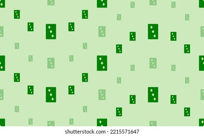 Seamless pattern of large and small green Three of diamonds playing cards. The elements are arranged in a wavy. Vector illustration on light green background