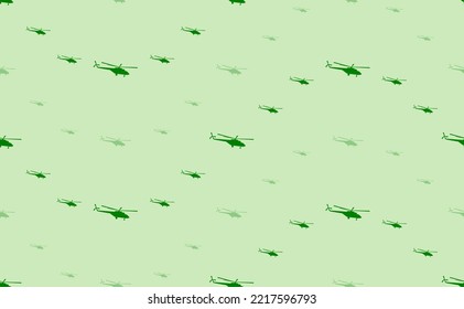 Seamless pattern of large and small green helicopter symbols. The elements are arranged in a wavy. Vector illustration on light green background
