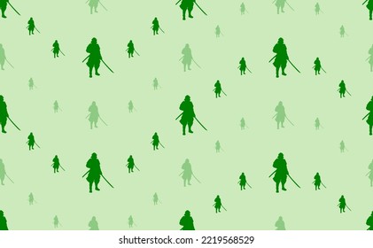Seamless pattern of large and small green samurai symbols. The elements are arranged in a wavy. Vector illustration on light green background