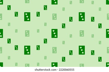 Seamless pattern of large and small green Three of hearts playing cards. The elements are arranged in a wavy. Vector illustration on light green background