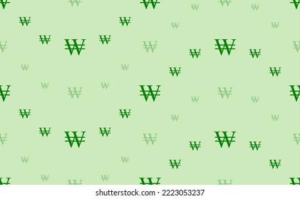 Seamless pattern of large and small green Korean won signs. The elements are arranged in a wavy. Vector illustration on light green background