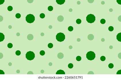 Seamless pattern of large and small green decagon symbols. The elements are arranged in a wavy. Vector illustration on light green background