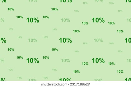 Seamless pattern of large and small green 10 percent symbols. The elements are arranged in a wavy. Vector illustration on light green background
