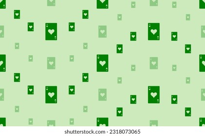 Seamless pattern of large and small green ace of heart cards. The elements are arranged in a wavy. Vector illustration on light green background