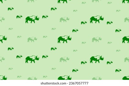 Seamless pattern of large and small green rhinoceros symbols. The elements are arranged in a wavy. Vector illustration on light green background