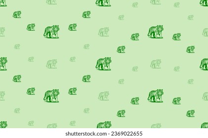 Seamless pattern of large and small green tiger symbols. The elements are arranged in a wavy. Vector illustration on light green background