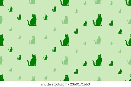 Seamless pattern of large and small green cat icons. The elements are arranged in a wavy. Vector illustration on light green background