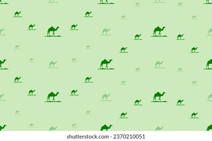 Seamless pattern of large and small green wild camel symbols. The elements are arranged in a wavy. Vector illustration on light green background