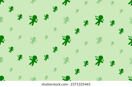 Seamless pattern of large and small green Voodoo Doll symbols. The elements are arranged in a wavy. Vector illustration on light green background