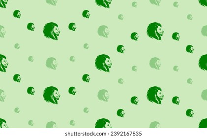 Seamless pattern of large and small green lion head icons. The elements are arranged in a wavy. Vector illustration on light green background
