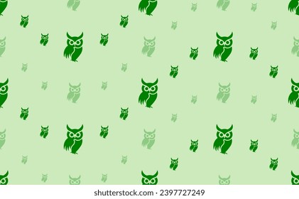 Seamless pattern of large and small green owl symbols. The elements are arranged in a wavy. Vector illustration on light green background