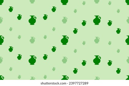 Seamless pattern of large and small green antique vase symbols. The elements are arranged in a wavy. Vector illustration on light green background