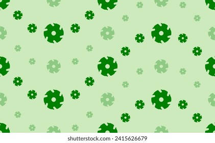 Seamless pattern of large and small green milling disc symbols. The elements are arranged in a wavy. Vector illustration on light green background